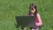 Girl with laptop on green grass. Little girl in the nature. A beautiful child with a laptop is engaged in a park.