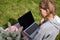 Girl with laptop on green grass. Remote schooling. The child works at the computer