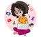 Girl with laptop performs various actions. Vector girl with laptop. Cartoon lady. Colorful illustration. Funny personage. Cute wom