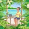 Girl with Laptop at Tropical Coast