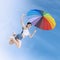 Girl leaps with a colorful umbrella outdoors