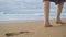 Girl legs walk on ocean wet sand beach leaving footprints