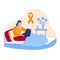 A girl with leukemia sits on the bed with a laptop. Orange awareness ribbon. Communication, work from home during oncology. Vector