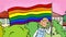 Girl with LGBT flag go through a town cartoon animation