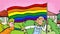 Girl with LGBT flag leads friend to a meeting cartoon animation