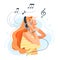 Girl listening music to relax, using earphone to listen relaxing music with closed eyes