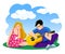 Girl listens as a favorite guy plays the guitar. Vector illustration. Sunny blue sky with white clouds. Couple in love