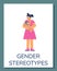 Girl with little baby doll toy in diaper with blue cap, Gender stereotypes concept vector cartoon poster