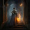 A girl in a long ancient dress with a lantern walking up the staircase of the secret passage in the castle. Created with