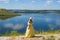 A girl in a long dress standing on a cliff by the bay