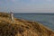 A girl in a long dress standing on a cliff by the sea