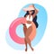 Girl with long hair in a hat holding a swimming life ring. Brunette in a white swimsuit. Vector illustration