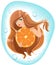 Girl with long hair holds an orange. Template label for packing shampoo