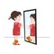 Girl looking and cat standing mirror in front of herself