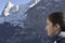 Girl looking at Eiger mountain from Murren village