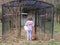 Girl looking into empty animal enclosure