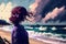Girl Looks at Sea on a Windy Day, Cloudy Sky, Looking at Ocean Horizon, Meditation, Generative AI Illustration