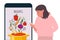 Girl looks at smartphone, reads soup recipes. Flat vector. Vegetables fall into Saucepan for cooking soup and