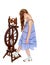 The girl looks at the spinning wheel