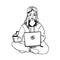 Girl in lotus position with laptop and coffee in hands, online learning, girl in home clothes working on laptop