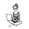 Girl in lotus position with laptop and coffee in hands, online learning, girl in home clothes working on laptop
