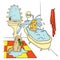 Girl lying in the bath under running water, The dog is holding in his teeth Slippers. Vector illustration.