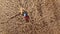 A girl lying on the ground in a wheat field. Top view. Aerial drone view.