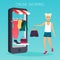 Girl make shopping online from phone. Sale. Flat design modern