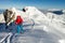 Girl makes ski mountaineering alone toward the mountain pass in a nice track with sealskin