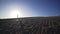 Girl makes steps in the desert at sunset, wide angle, slow motion