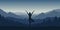 Girl makes yoga pose at beautiful blue mountain and forest landscape