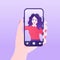 Girl, making selfie for social media on her smartphone. Selfie, great design for any purposes. Smartphone icon vector