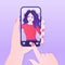 Girl, making selfie for social media on her smartphone. Selfie, great design for any purposes. Smartphone icon vector