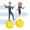 Girl and a man traveling businessmen on coins. Business cartoon