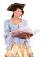 Girl in marquise dress and hat read book.