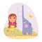 Girl measuring height with inch ruler chart vector illustration. Cartoon kid standing with cheerful elephant raising