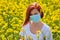 A girl in a medical mask in a field with flowers, protects herself from an allergy to pollen from plants. Coronavirus concept