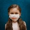 Girl in a medical mask with a painted smile