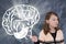 Girl meditating and pointing finger at cartoon brain.