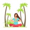 Girl meditation yoga on nature. Palm tree and character fitness woman