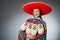 Girl in mexican vivid poncho holding money bags