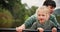 Girl, mother and rowing kayak in lake on holiday, vacation and travel together. Mom, child and kid paddle in boat