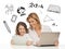 Girl and mother with tablet and laptop