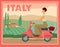 A girl on a motor scooter rides against the background of a rural Italian landscape. Retro card