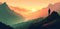 Girl on mountain peak, looking at beautiful mountain valley at sunset in summer, generative ai tools