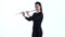 Girl musician playing on flute standing sideways in slow motion