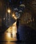 Girl at the night city lights during the rain at the evening at