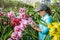 The girl notes the changes, orchid growth in the garden. Beautiful Orchid background in nature