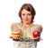 Girl offers apple and hamburger