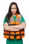 Girl in orange life jacket with arms crossed, strict instructor or lifeguard, safety concept, on white background